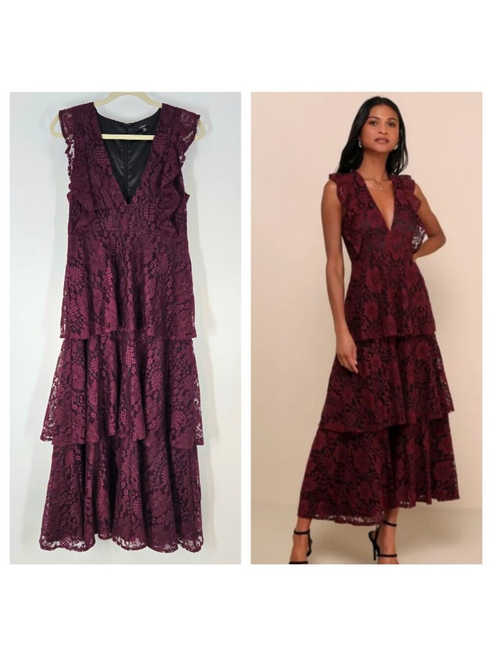 Lulus Molinetto Red Lace Tiered Maxi Dress Ruffled Burgundy Women's Size Medium
